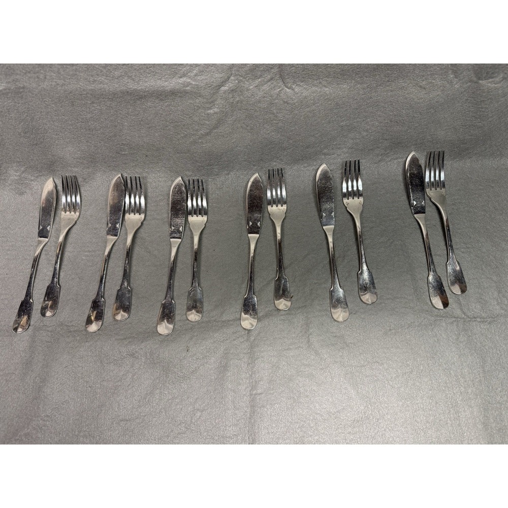 VINTAGE CHRISTOFLE CLUNY SILVER PLATE LOT OF 6 FISH KNIVES & 6 FISH FORKS FRANCE
